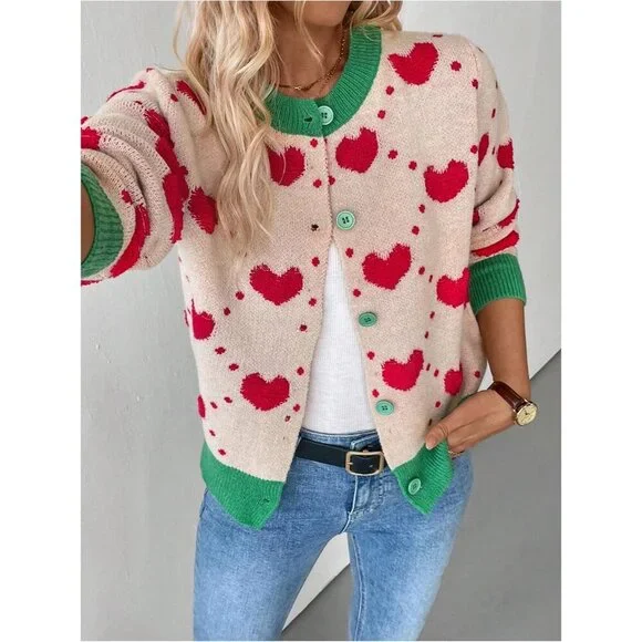 Women's Color Block Heart Cardigan Knit Long Sleeve Button Down Fall Sweater